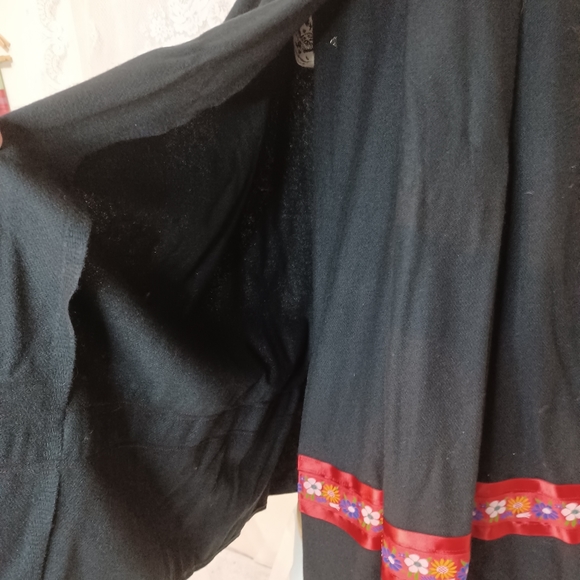 Vintage Handmade Black Red Floral Ribbon Trim Paperbag Waist Midi Folk Skirt L - Picture 4 of 10